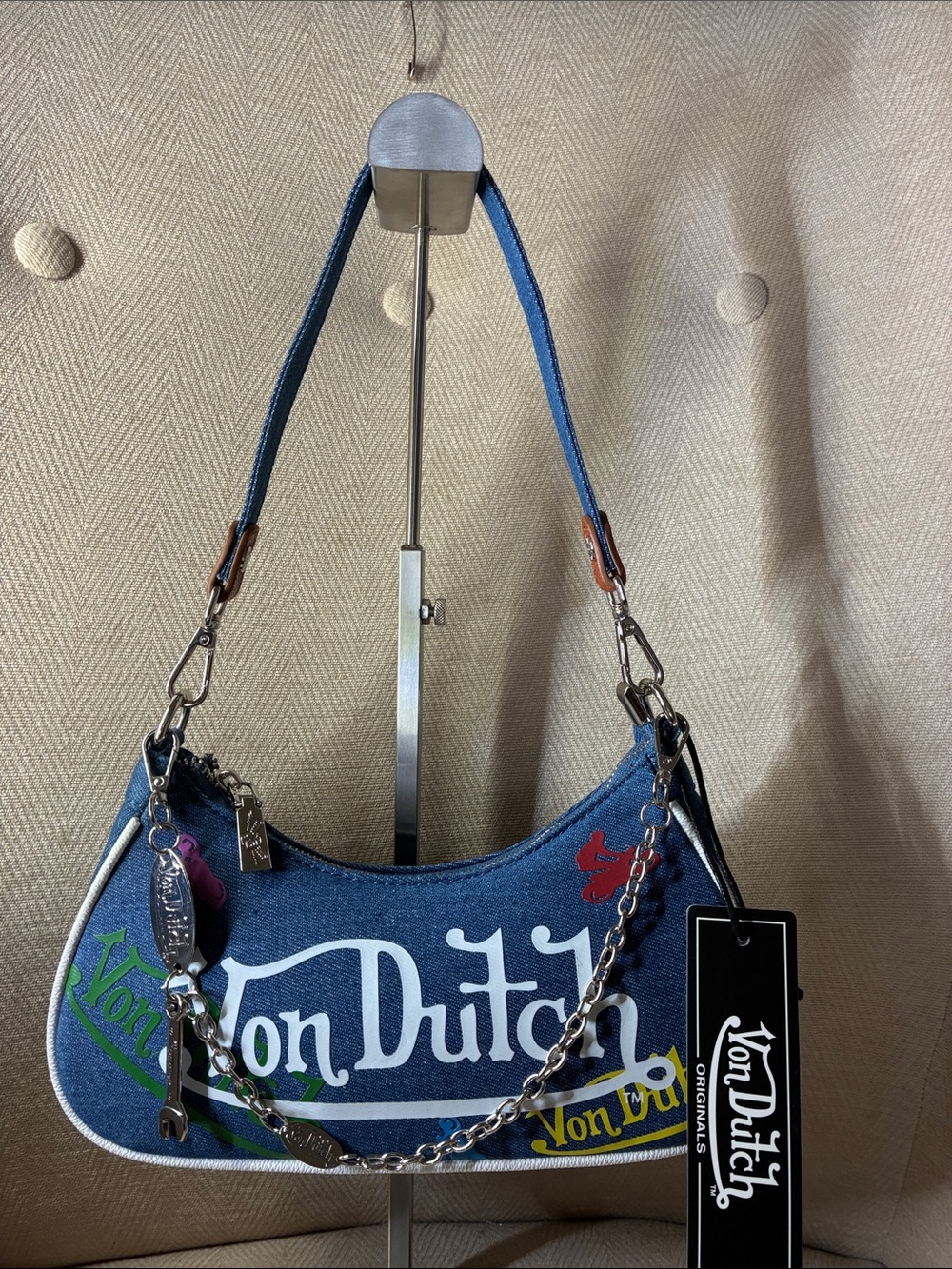 Von Dutch Blue Denim Shoulder Bag with White Script and Multicolor Accents